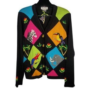 VTG Jack B Quick Tropical Cardigan Sweater Pineapple Jungle Elephant Zebra Funky